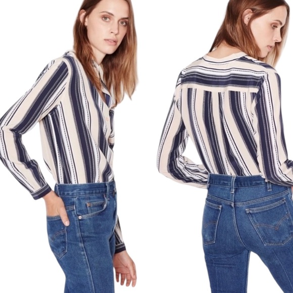 Equipment Henri Silk Striped Button Down Blouse in Bright White & Nude Multi - S - Picture 3 of 14